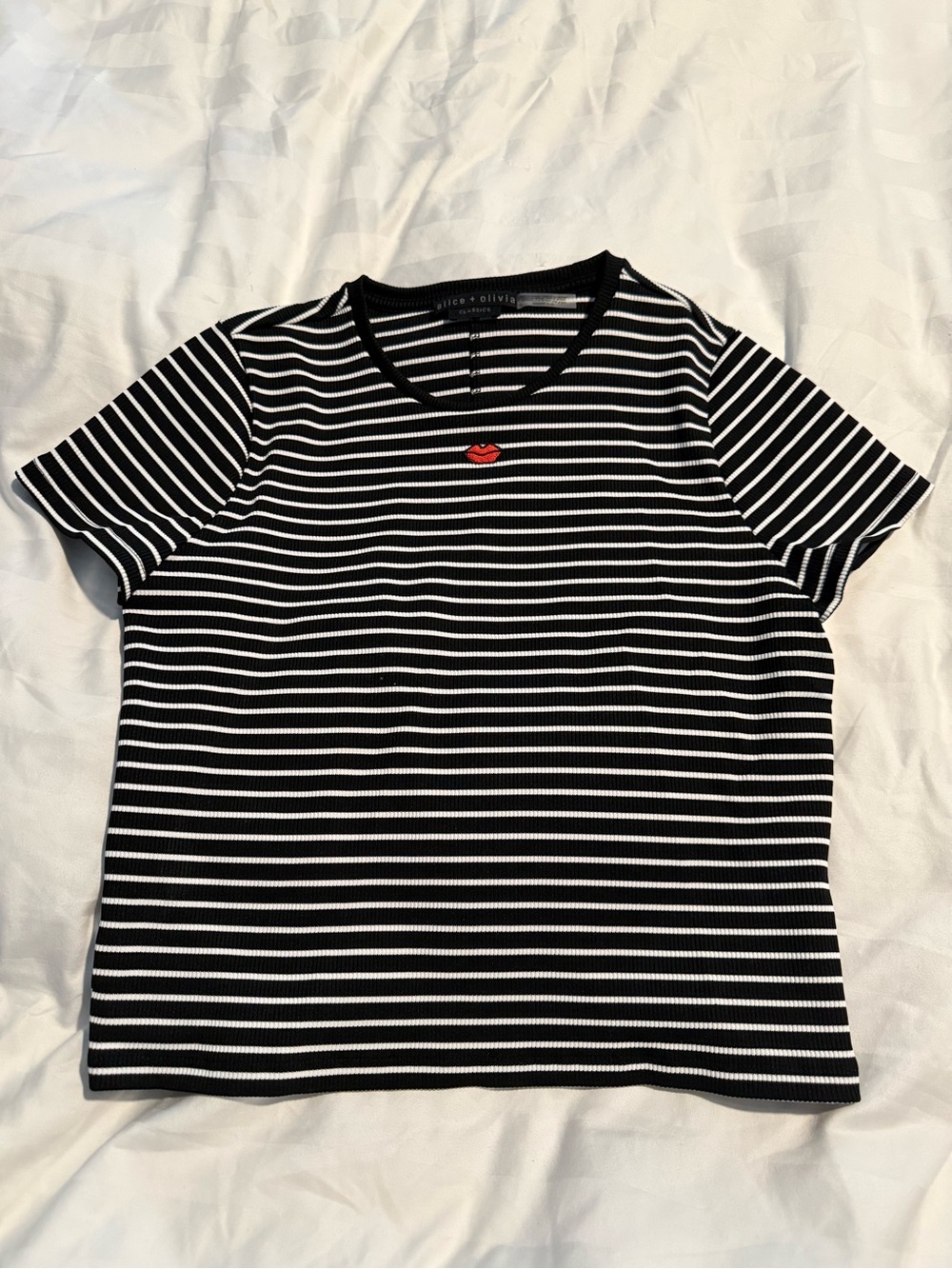 Alice + Olivia Black and White Striped Short Sleeve Tee with Red Lip Motif